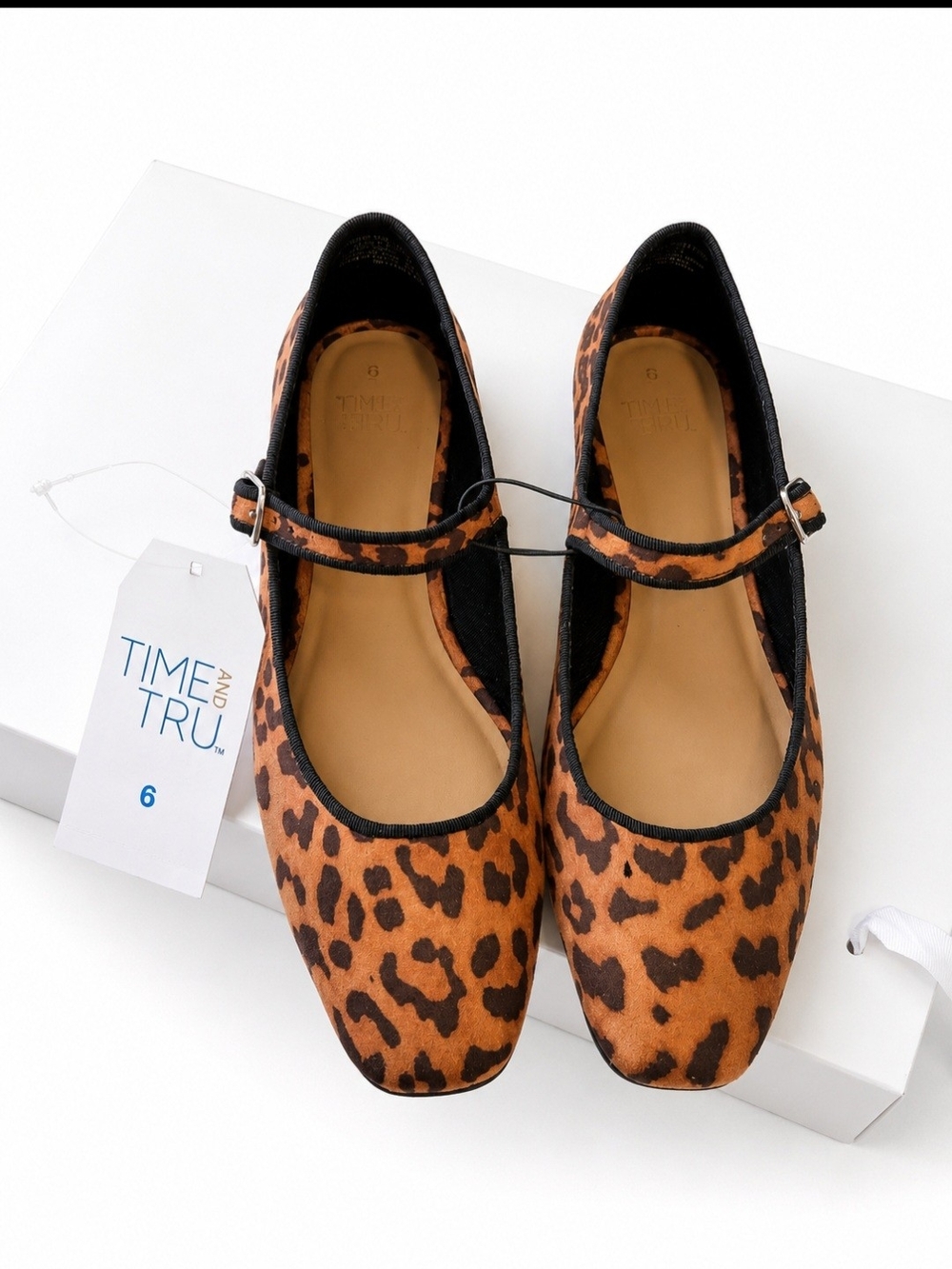 Time and Tru Leopard-Print Mary Jane Flats in Brown and Black